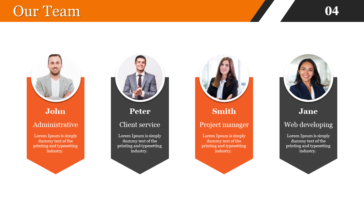 Team of four professionals in orange and grey sections with their names and roles with placeholder text on a white backdrop.