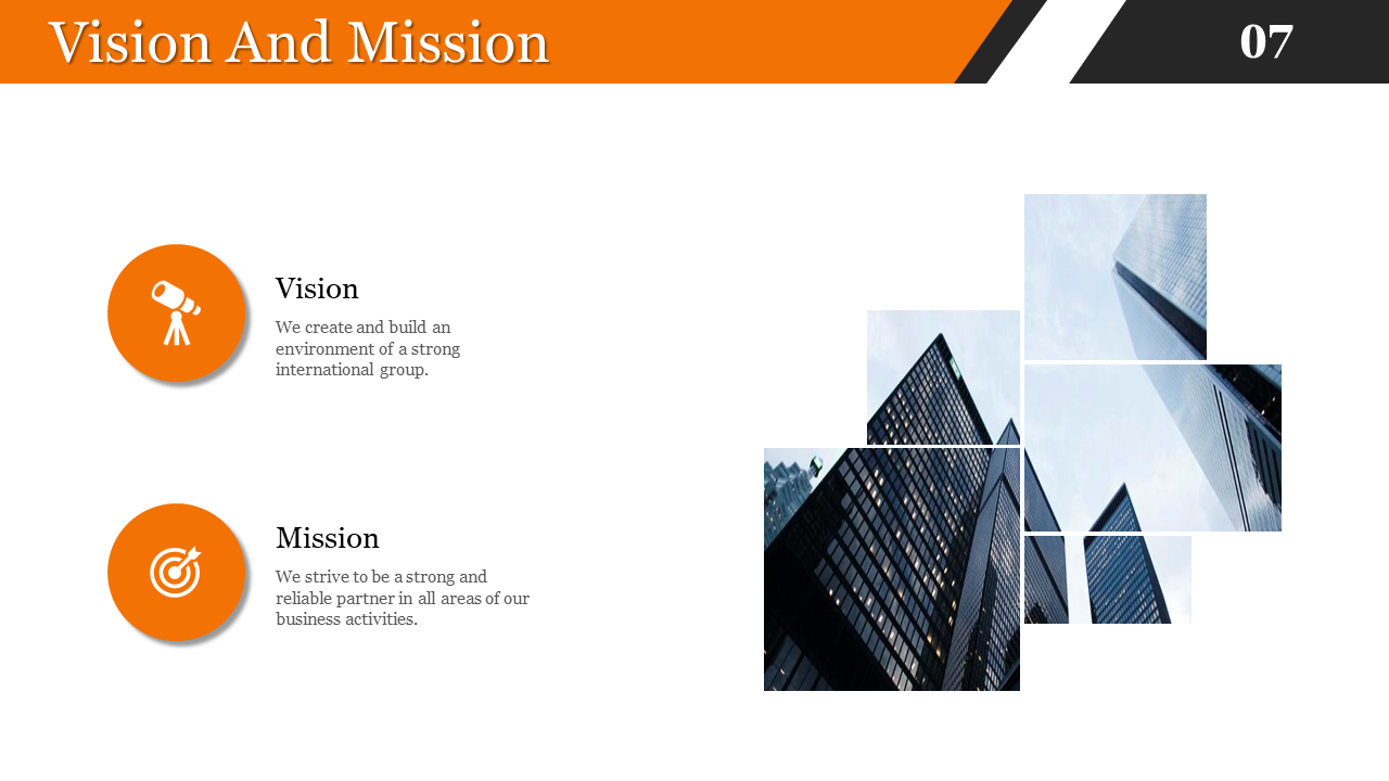 Vision icon with a telescope and mission icon with a target, alongside a skyscraper photo on a white backdrop.