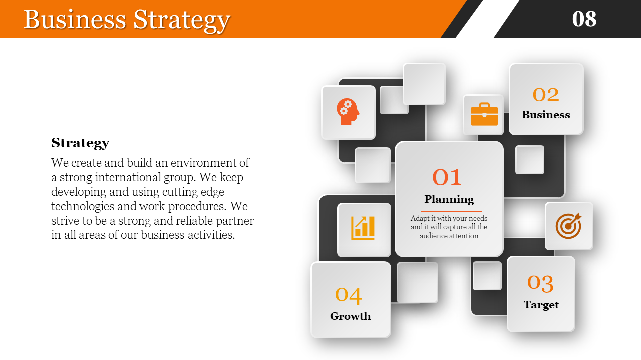 Business strategy slide with icons for planning, growth, business, and target areas with text description on a white theme.