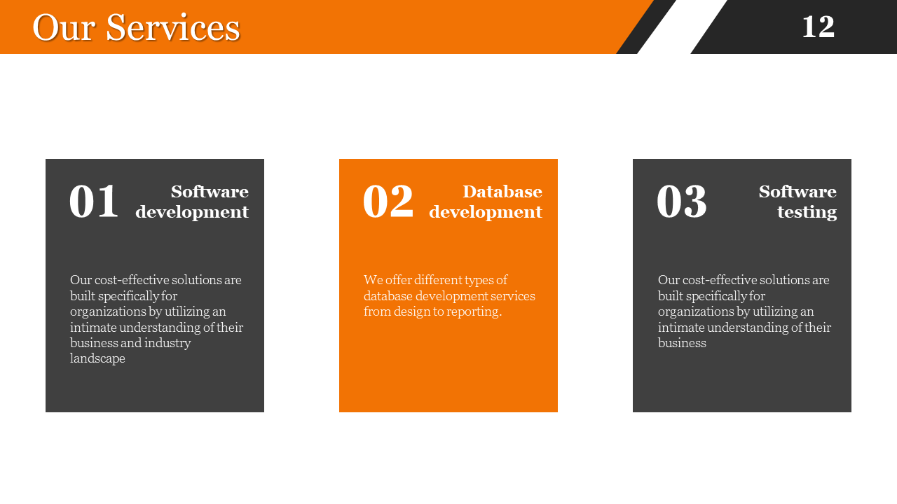 Orange and grey overview of services including software development, database development, and software testing.