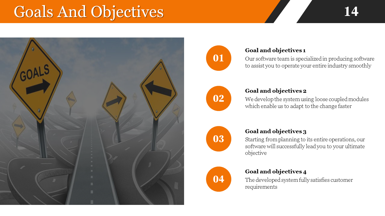 Project goals listed, detailing software solutions from design to full customer satisfaction on a white and orange backdrop.
