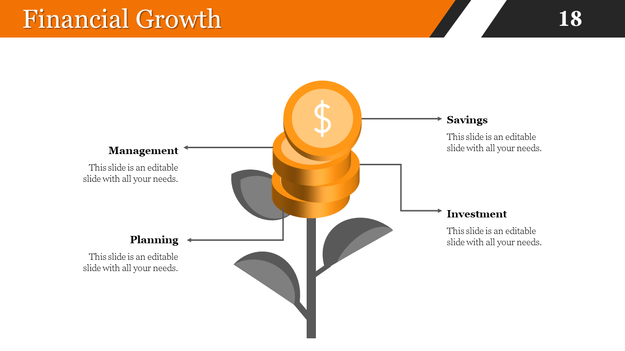 Illustration of a growing plant with orange coins, symbolizing financial growth, with arrows and text on a white backdrop.