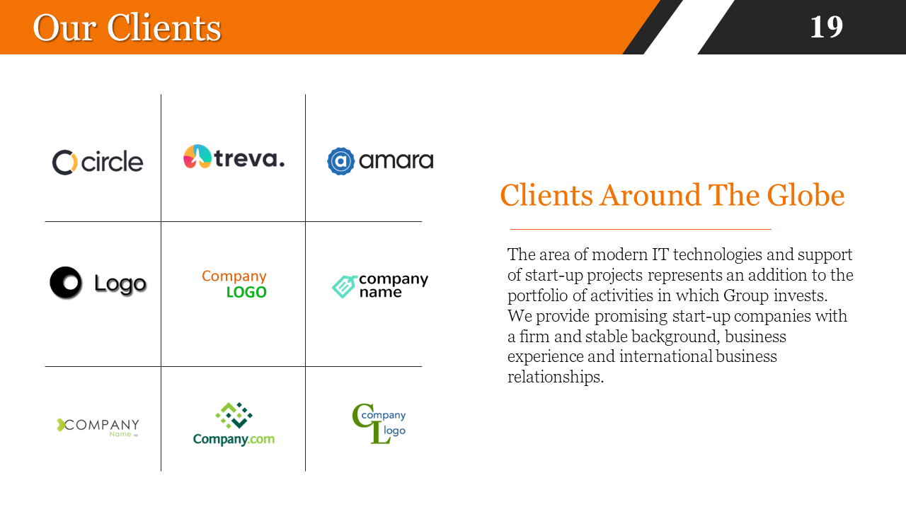 Client logos displayed, representing companies like Circle, Treva, Amara, and others, showcasing a global client base.