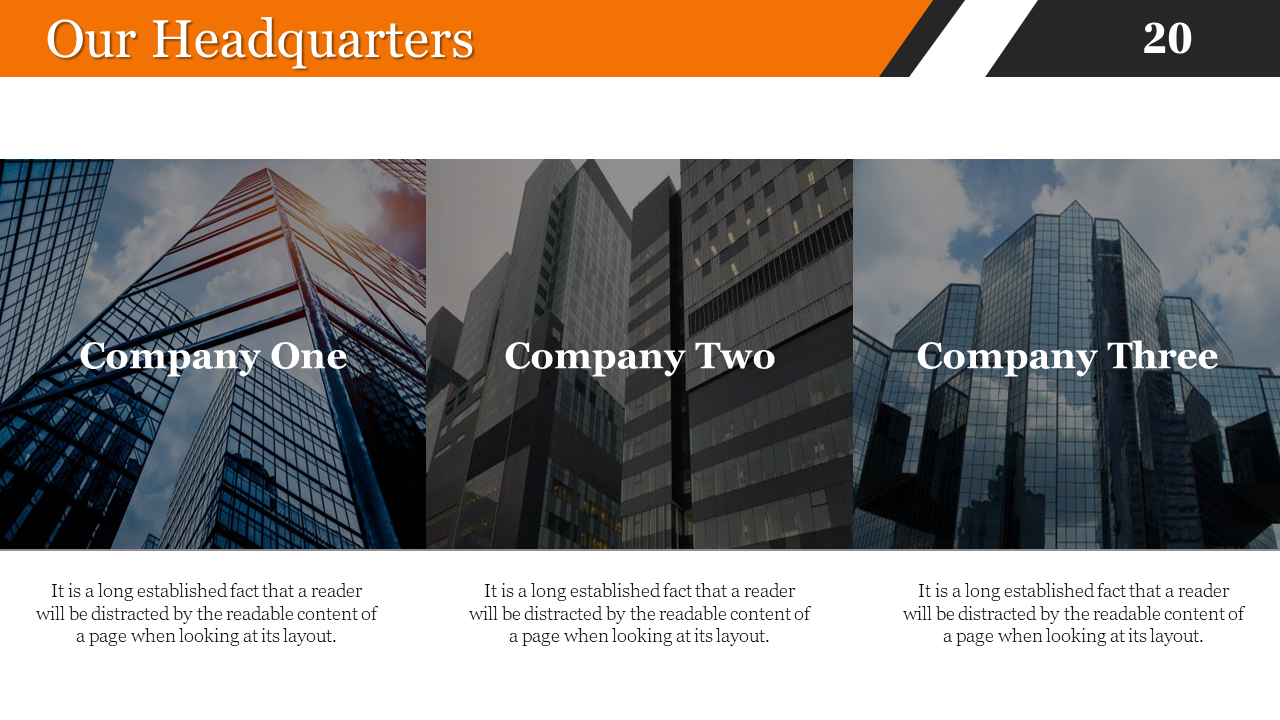 A visual display of company headquarters with labels accompanied by a description on a white backdrop.