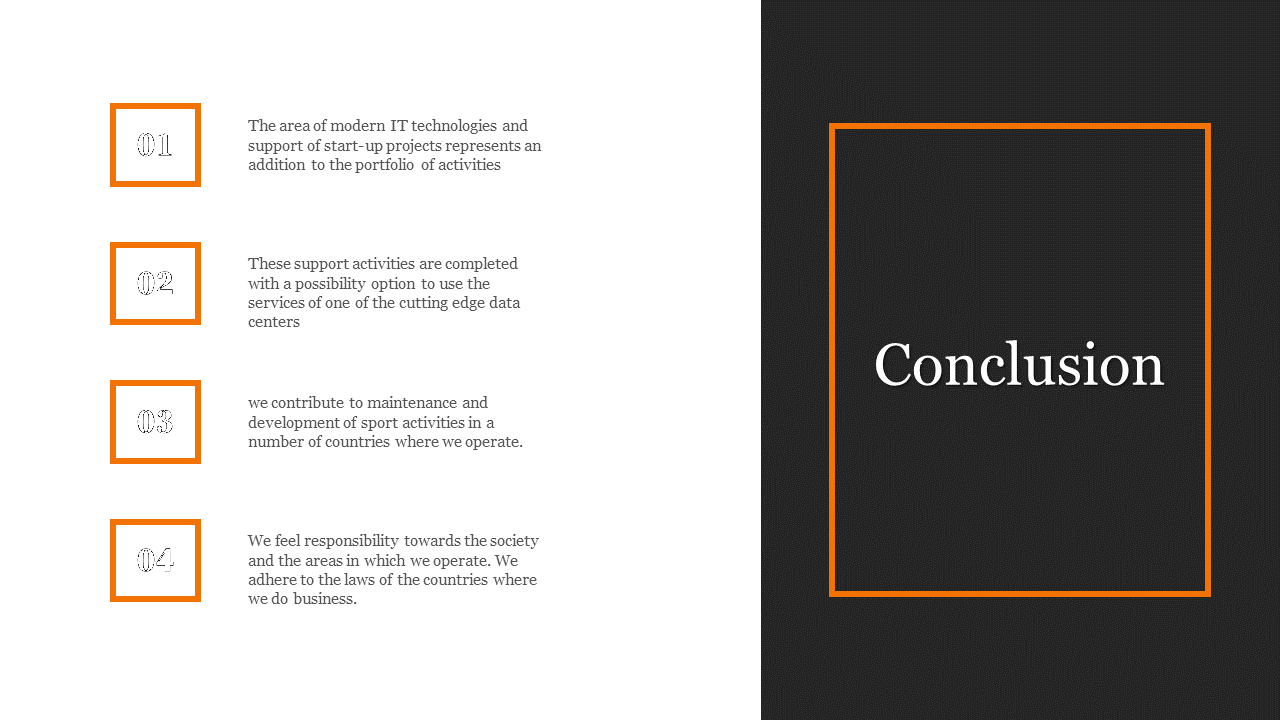 A conclusion slide with four key points, each in an orange box on a white and black backdrop.