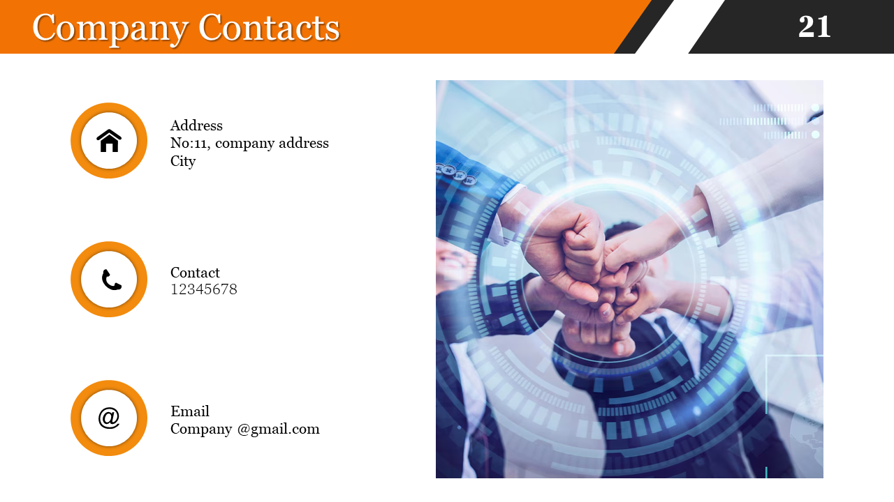 A orange and white contact slide with company address, phone number, and email is displayed alongside a team handshake image.