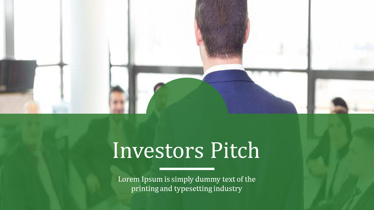 A business professional giving an investor pitch in front of a group of people in a modern office on a green backdrop.