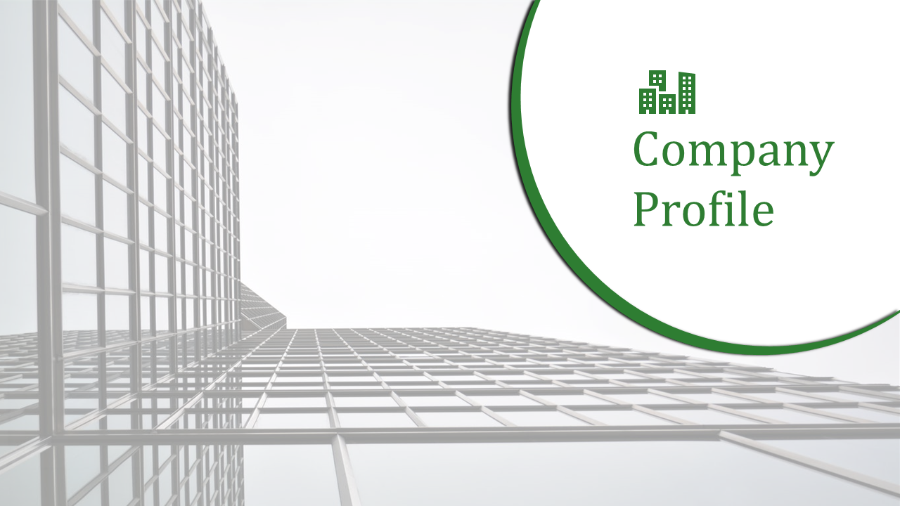 Corporate company profile slide with an image of a modern building and the title on a white backdrop.