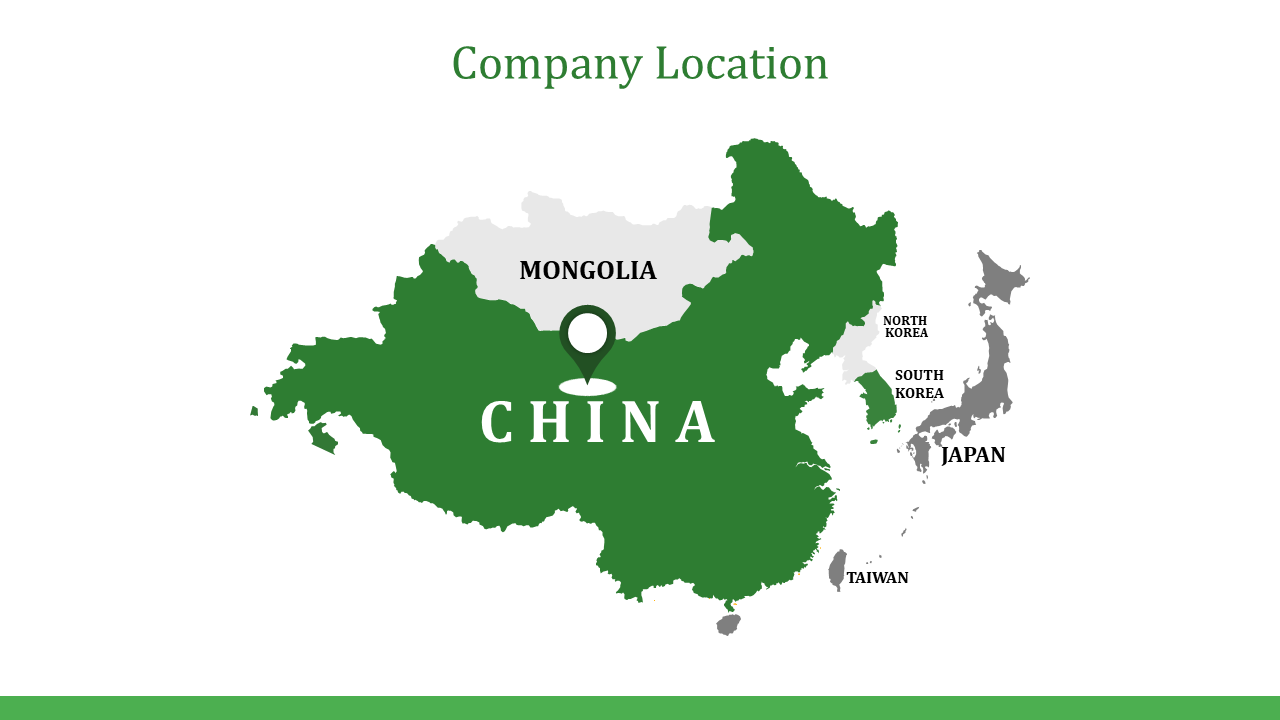 Company location slide showing China map highlighted in green with surrounding countries on a white backdrop.
