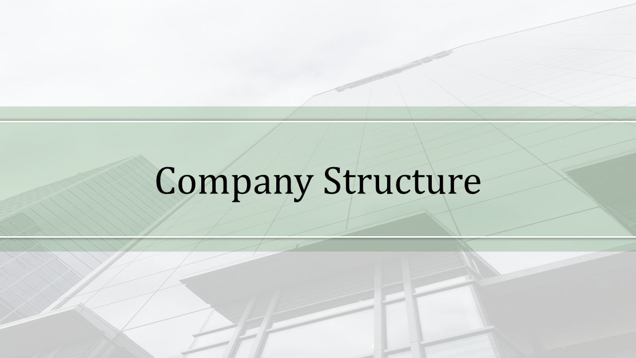 Company structure slide with a background of modern office buildings and the title in a green overlay.