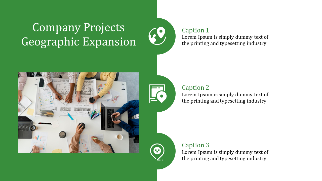 A group of professionals discussing plans for geographic expansion with charts and blueprints on a green and white theme.