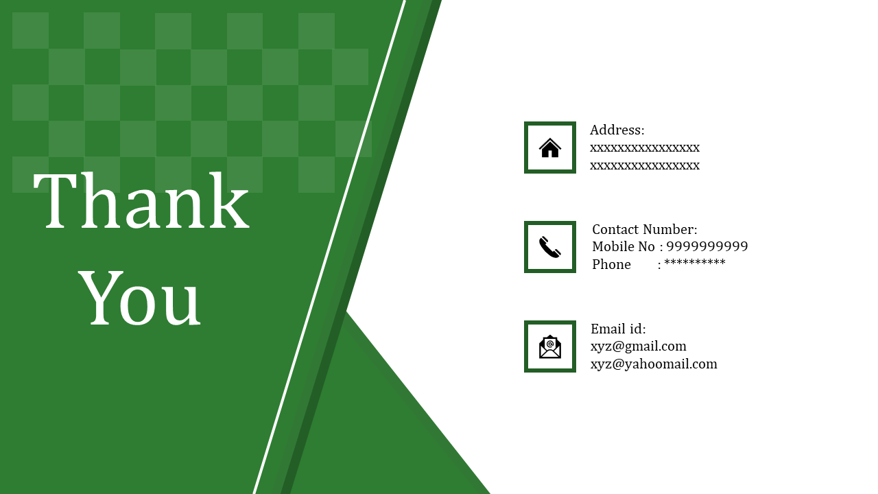 Thank You slide with contact details, including address, phone numbers, and email addresses alongside icons on a green theme.