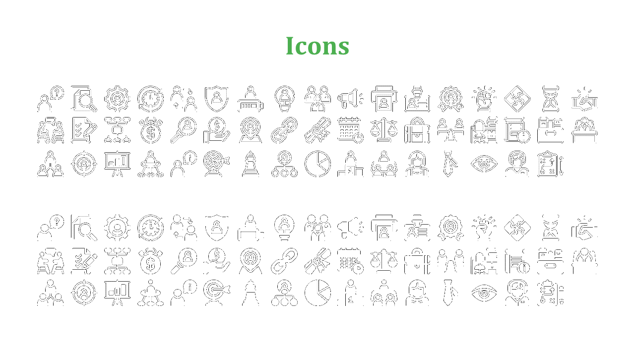 A collection of various black icons representing business concepts, including teamwork, planning, and communication.