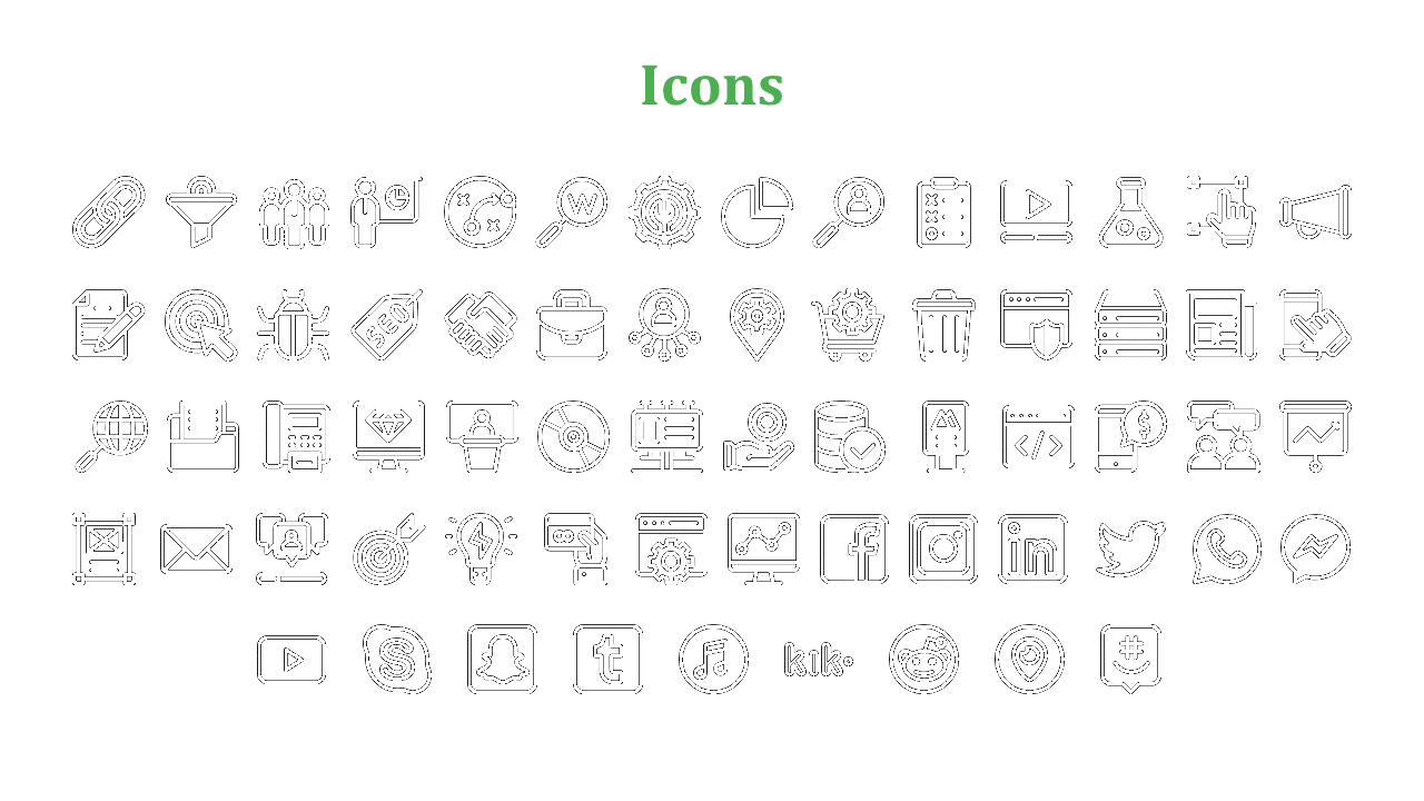 A collection of black and white icons representing digital tools, social media platforms, and business operations.