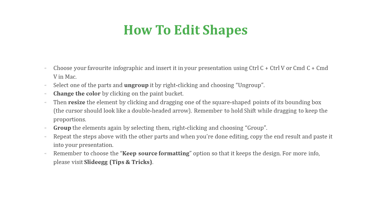 A PPT slide tutorial on how to edit shapes, including instructions for ungrouping, resizing, and grouping elements.
