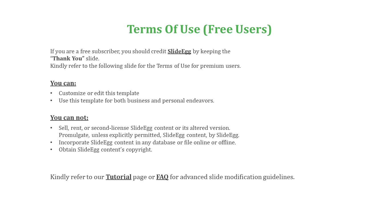 Terms of use for free users, outlining permissions and restrictions for SlideEgg templates, including customization.