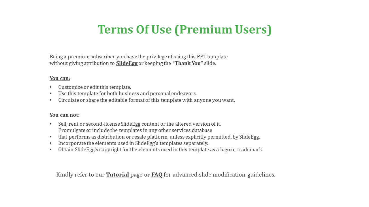 Terms of use for SlideEgg premium users, with details on customization, sharing and restrictions on reselling in white theme.