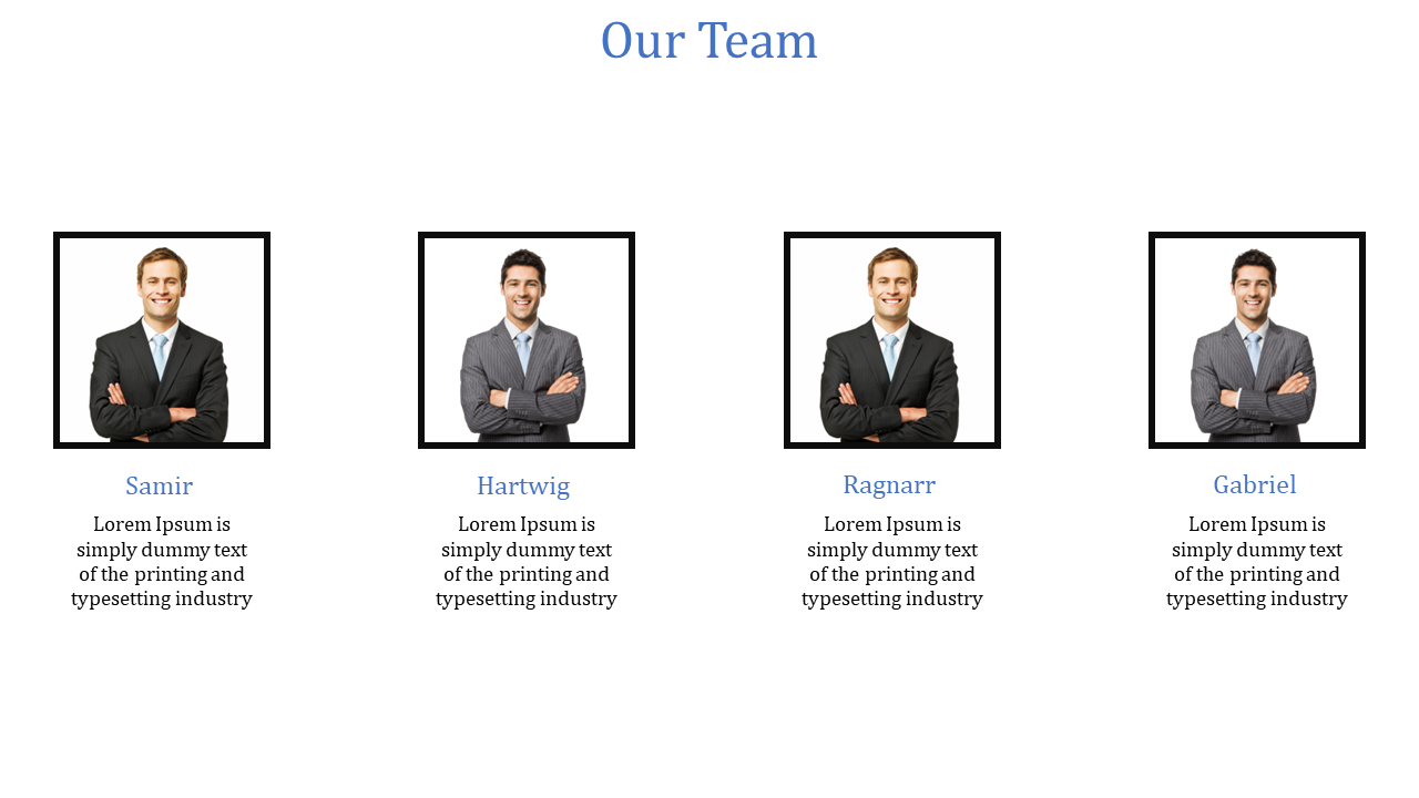 Team members Samir, Hartwig, Ragnar, and Gabriel standing in professional attire with their names under each photo.