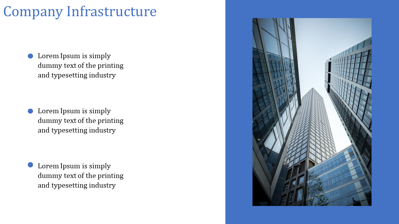 Company infrastructure image shows tall modern glass buildings and a blue sky with placeholder text on a white backdrop.