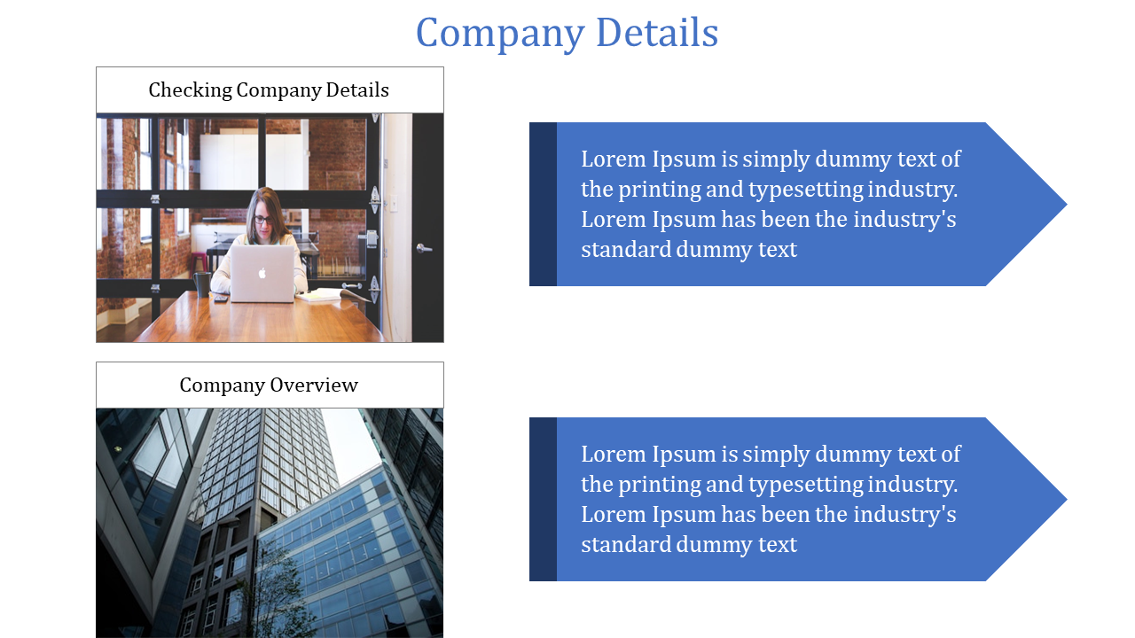 A slide with two images one of a person working at a desk and another of a building, each with descriptions in white theme.
