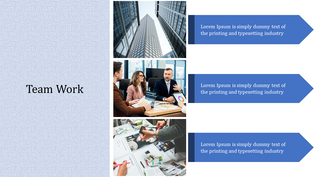 Teamwork slide featuring an office view, a meeting with colleagues, and hands working on printed materials, with text.