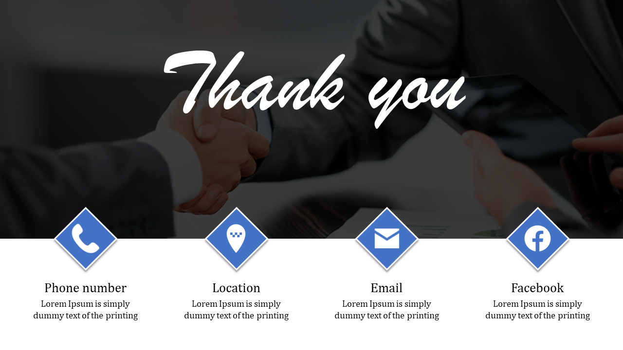 A thank you slide featuring a handshake image with four blue icons each with placeholder text on a white theme.