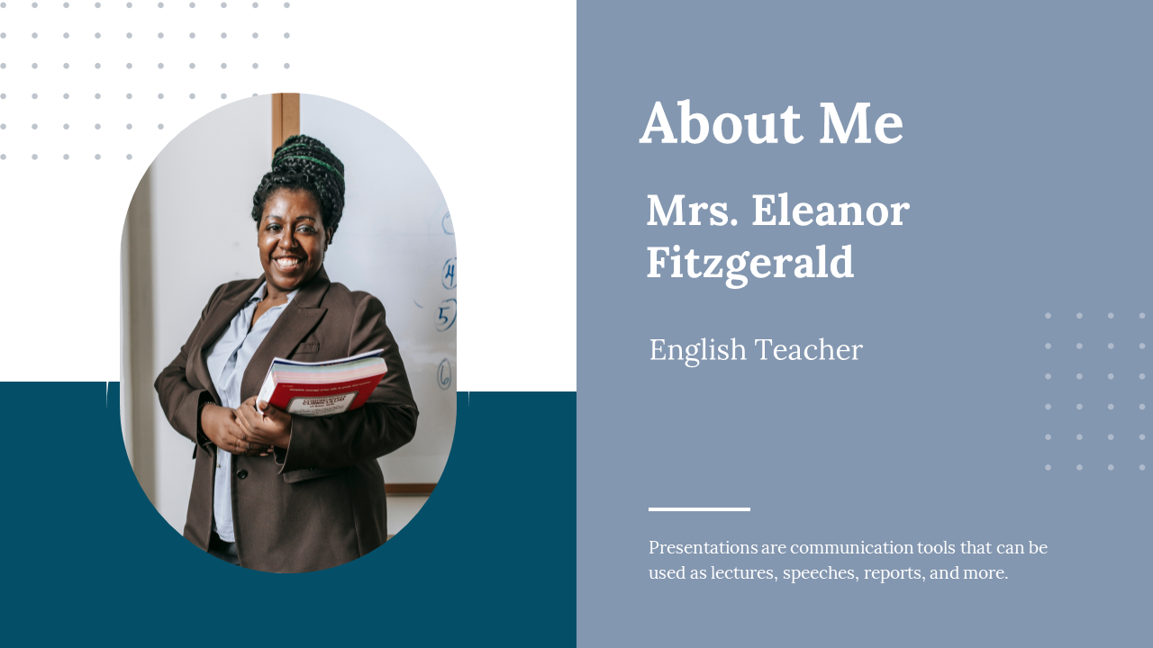 A profile slide introducing Mrs. Eleanor Fitzgerald, an English teacher, with a photo of her on a colorful backdrop.