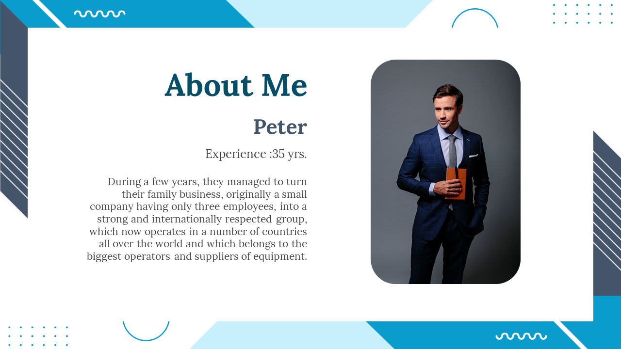 Profile slide for Peter with 35 years of experience, showcasing his professional background and photo on a white theme.