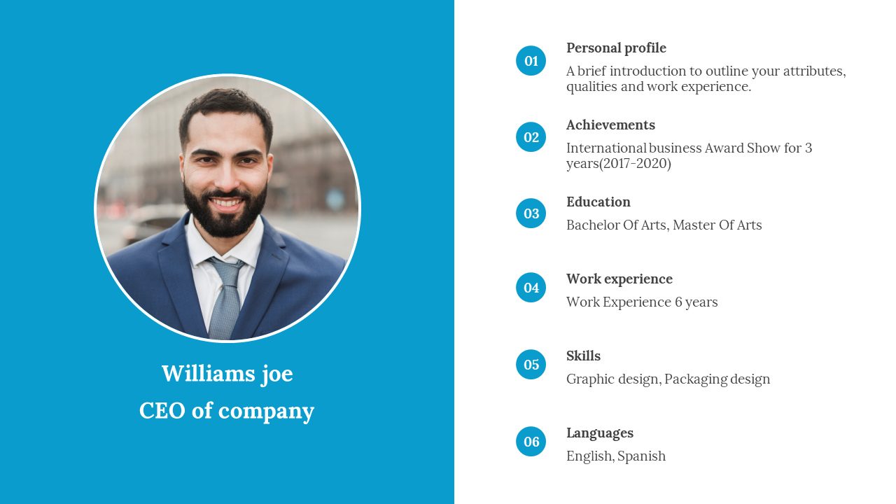 Profile slide of Williams Joe, CEO of a company, with details on a blue and white backdrop.