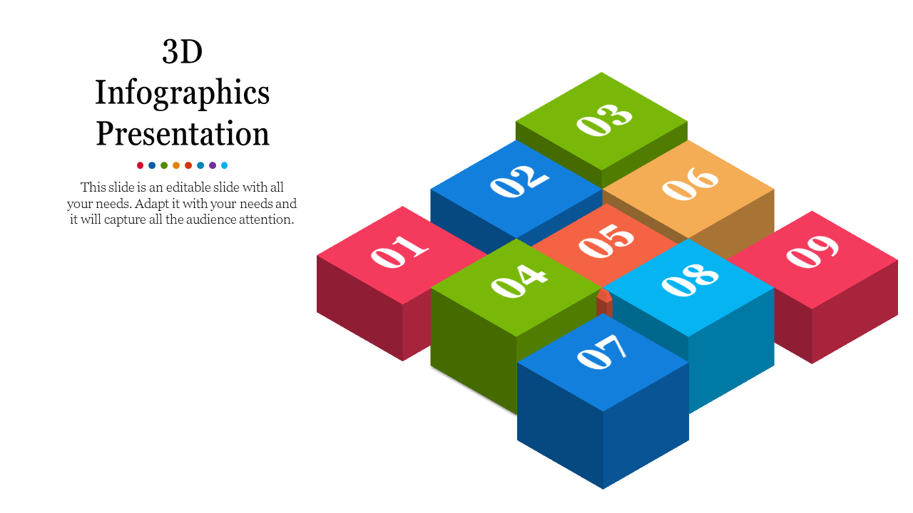 3D infographic with nine colored blocks numbered 1 through 9 for a visually engaging presentation on a white backdrop.
