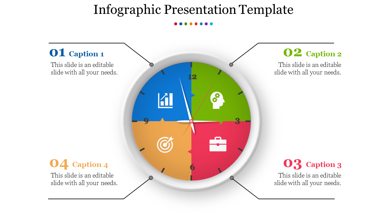 Infographic presentation slide featuring a colorful clock divided into four sections, each with an icon on a white backdrop.