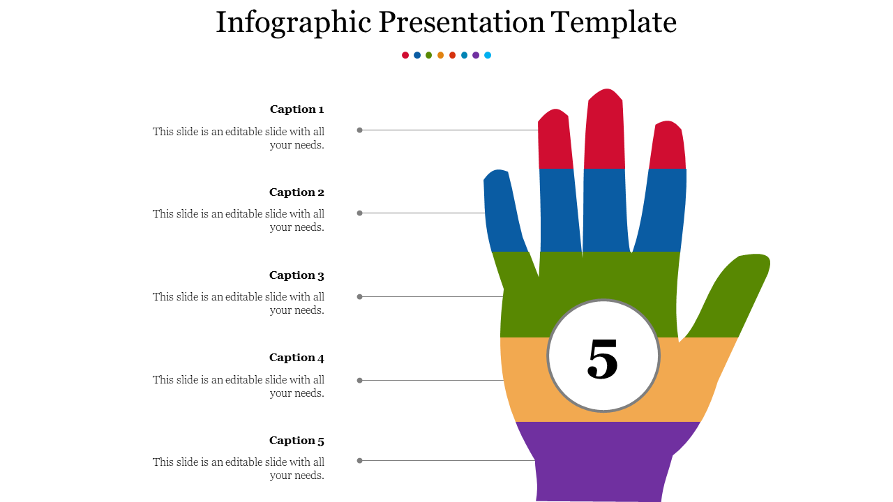 Infographic presentation slide with a colorful hand design, divided into five sections, each labeled with captions.