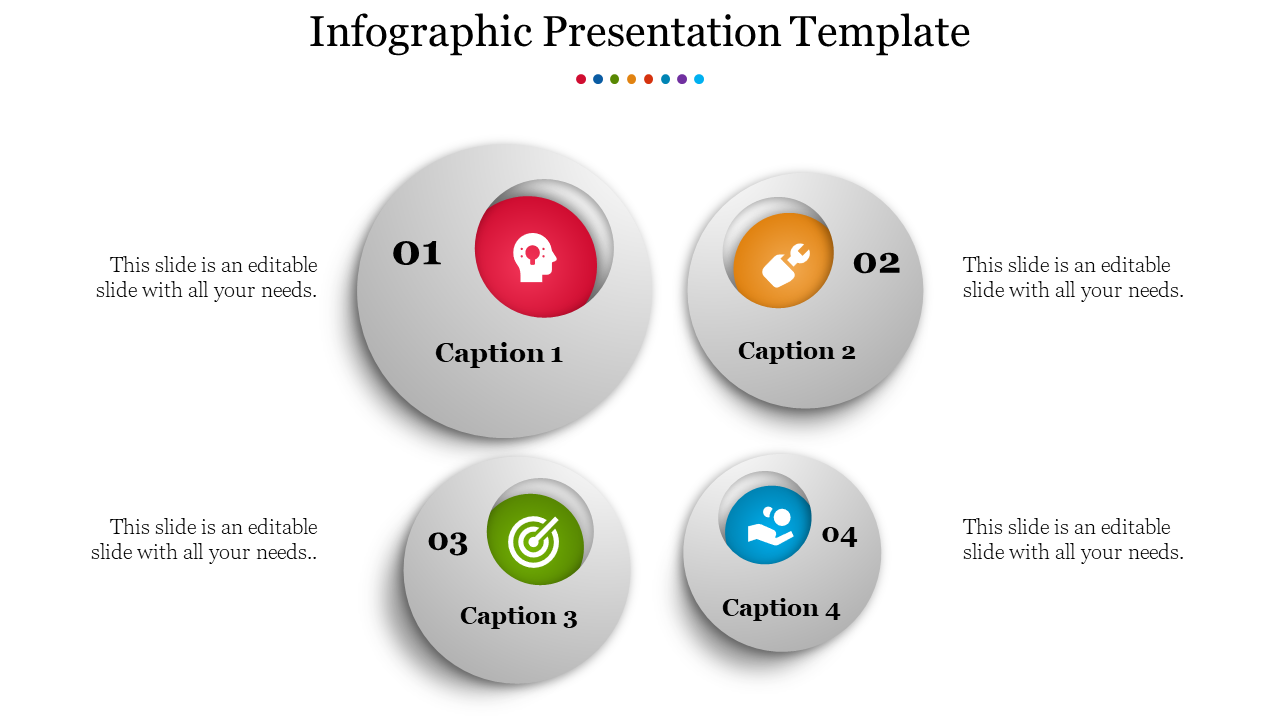 Infographic presentation template with four circular icons, each labeled with a caption for organizational purposes.