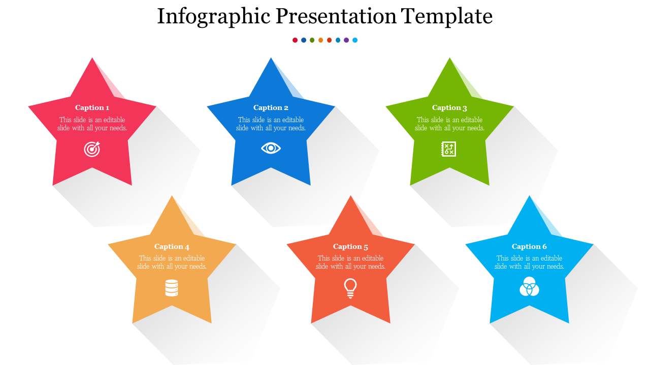 Infographic PPT slide with six colorful star shaped icons, each labeled with a caption on a white backdrop.