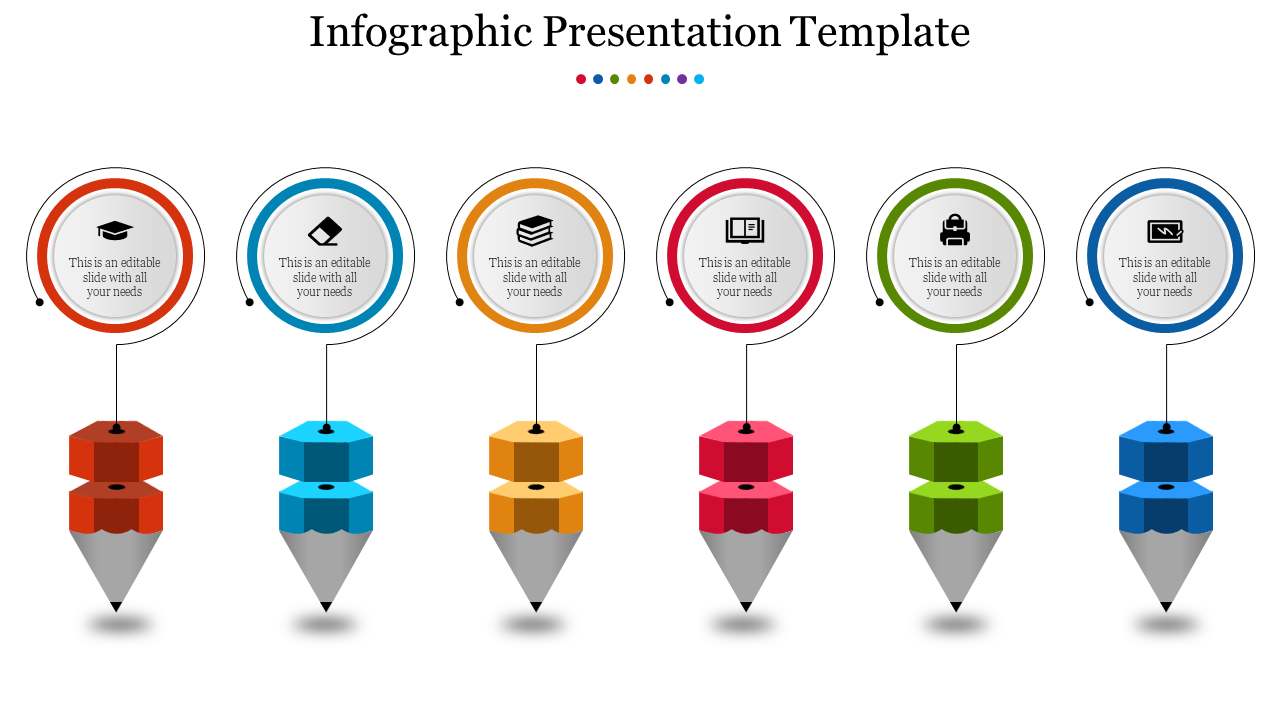 Infographic PowerPoint template featuring six colorful pencil icons with text captions on a white backdrop.