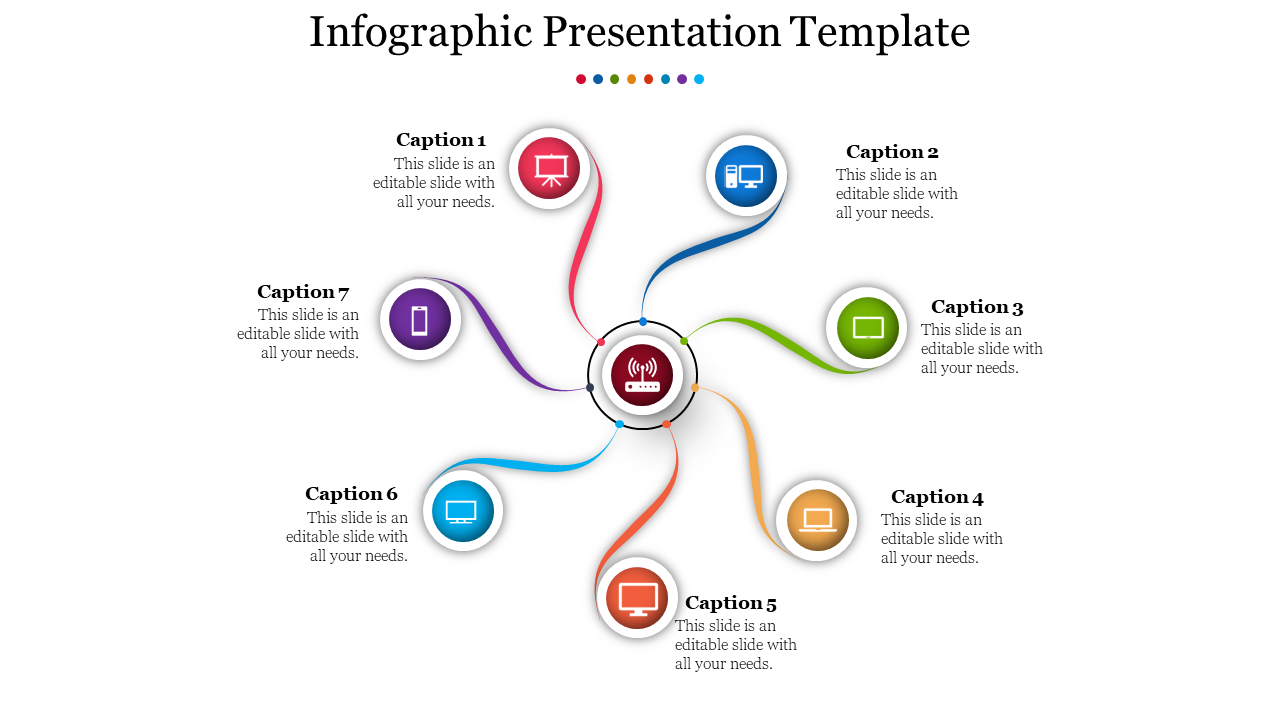 Infographic slide with a central icon and seven colorful arrows pointing to text placeholders, each with a different icon.