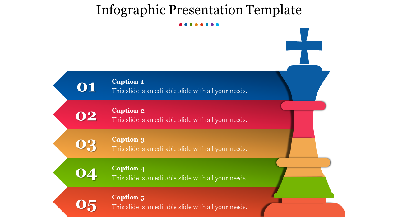 Infographic slide with five colorful arrows pointing towards text placeholders, accompanied by a chess piece illustration.