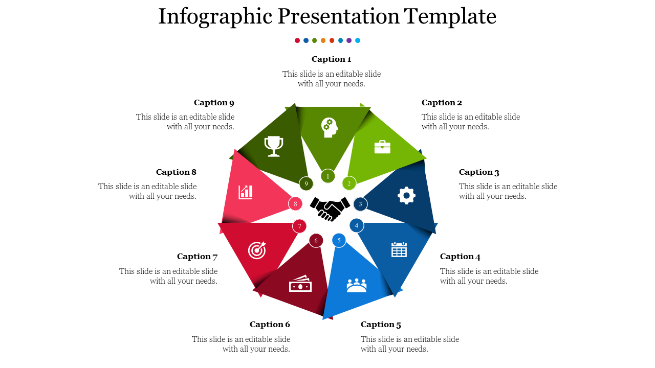 Colorful infographic PPT slide with nine numbered sections and icons representing different business concepts in white theme.