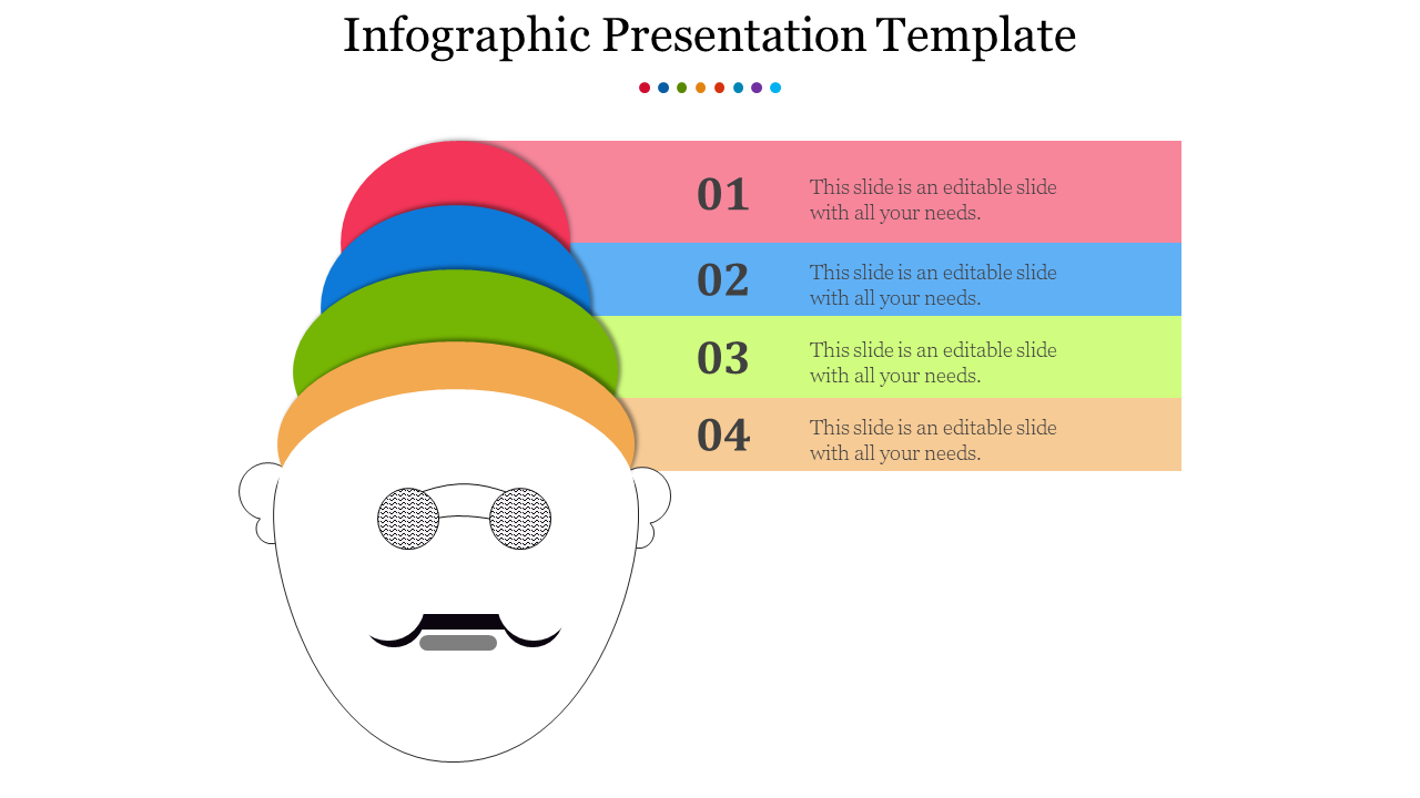 Infographic slide featuring a quirky illustration of a face with colorful stacked hats, and numbered sections for captions.