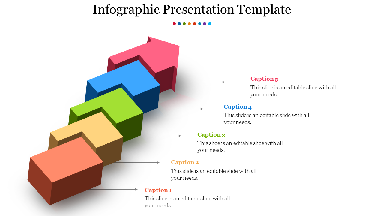 Infographic PPT template with colorful 3D arrows pointing forward, each section marked with a number on a white backdrop.
