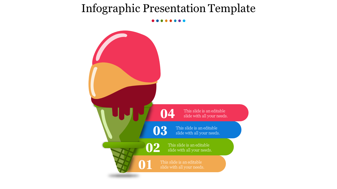 Infographic PPT slide with an ice cream cone design each scoop representing a different section with captions in white theme.