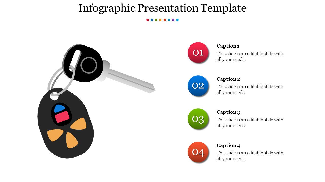 Infographic PPT slide showcasing a key with a colorful keychain, paired with numbered sections for captions in white theme.