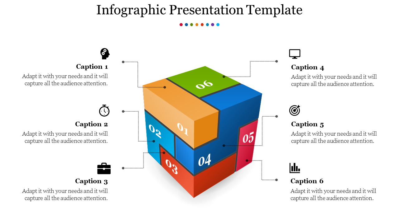 Infographic PPT template featuring a 3D cube with colorful segments, each labeled with a number and accompanied by captions.