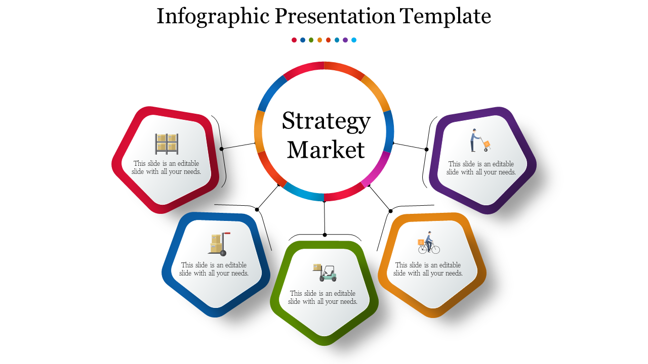 Infographic PPT slide with a central strategy market focus and surrounding color coded hexagonal icons in white theme.