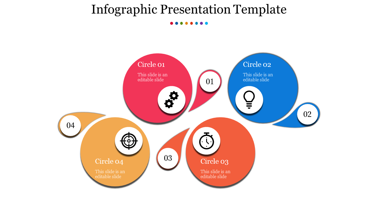 Infographic slide with four colorful circles, each containing a section with icons for business concepts on a white backdrop.