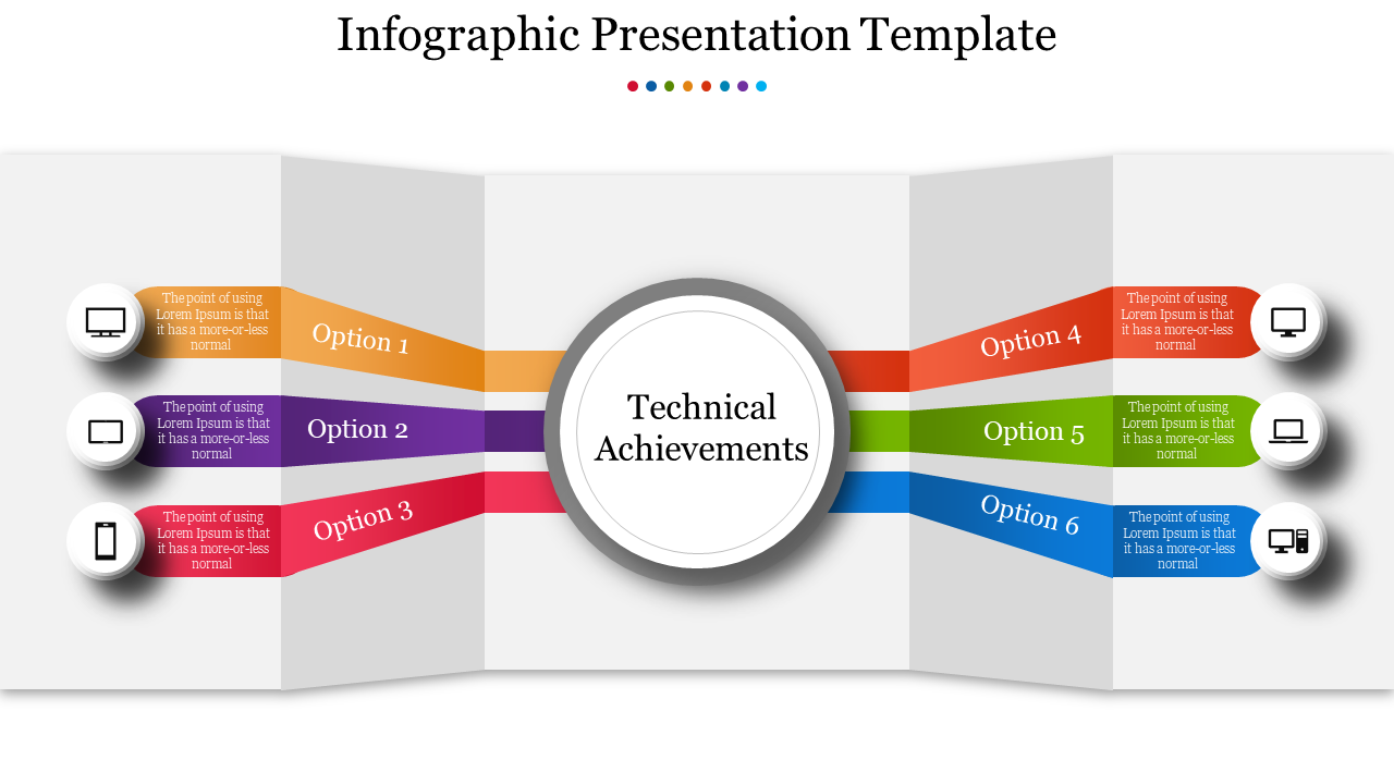 Infographic PPT slide showcasing six colorful options, each with an icon and text on a white backdrop.