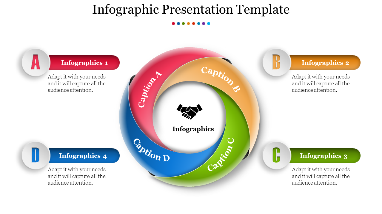 Infographic PPT template with a circular design featuring four sections labeled 1, 2, 3, and 4, and corresponding captions.