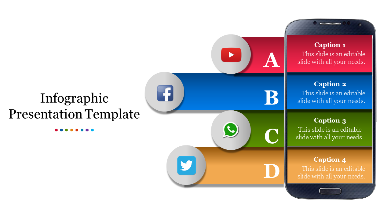 Infographic PPT template with four colorful sections, each labeled A, B, C, and D, with corresponding social media icons.