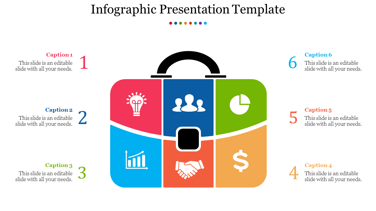 Infographic PPT template with a colorful suitcase icon and six sections, each with an icon and captions in white theme.