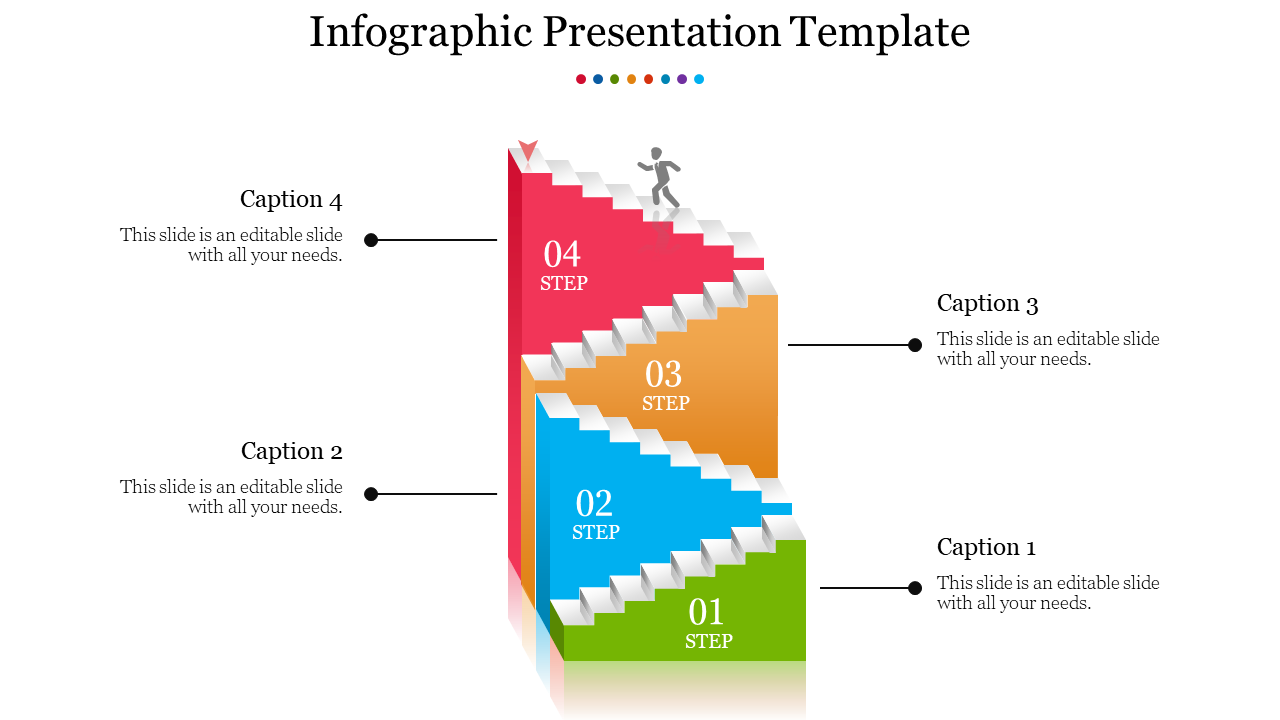 Infographic slide with a staircase design, showing four steps in red, orange, blue, and green with a figure climbing.